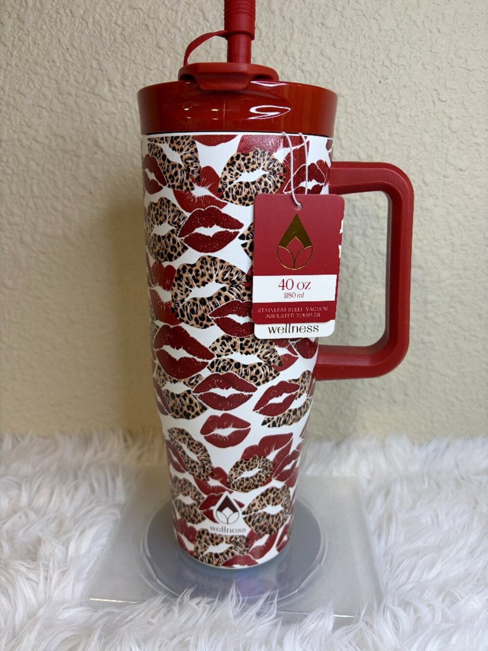 Wellness 40 Oz Leopard Lips Tumbler Red Glitter Straw Handle NWT
